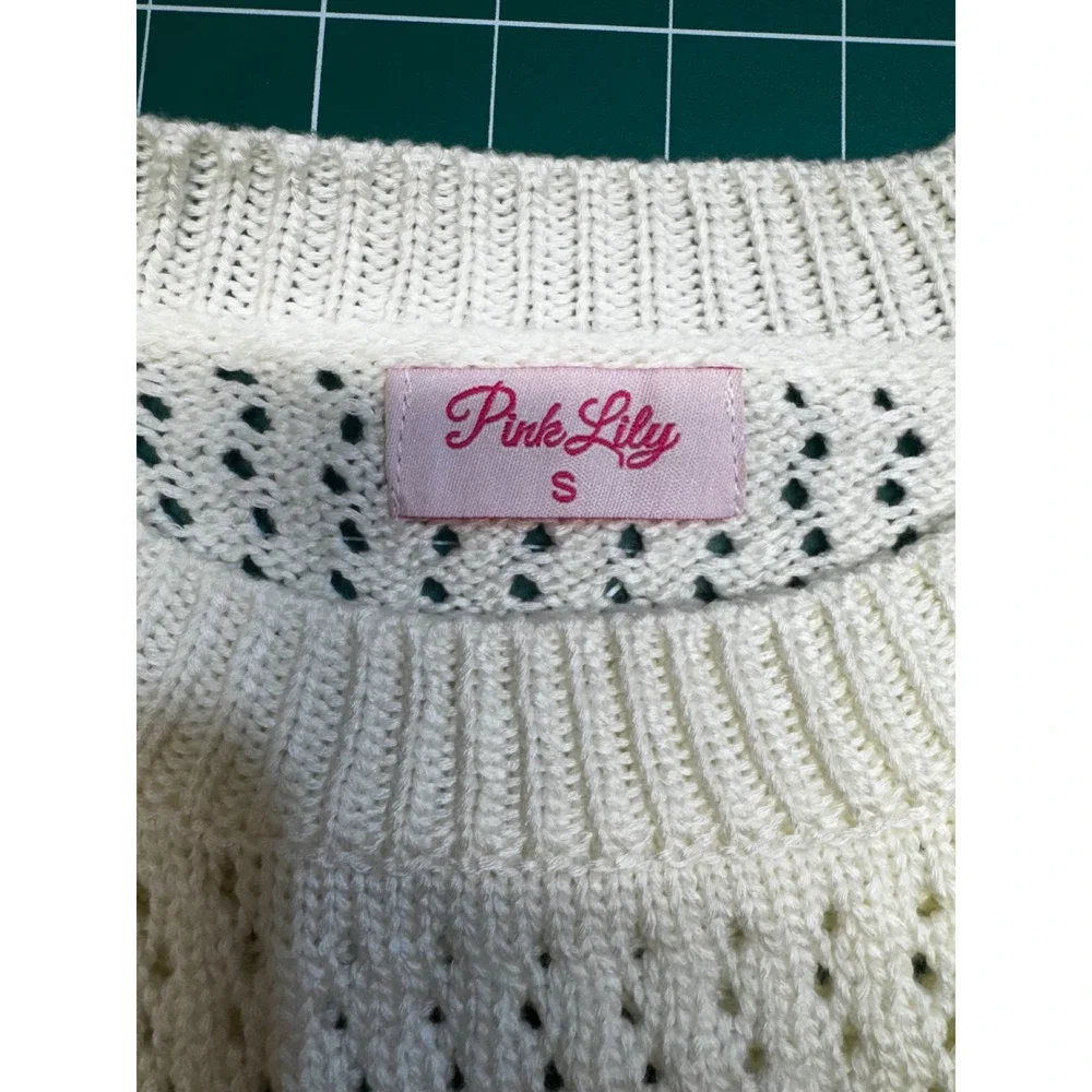 Pink Lily Crochet Granny Square Sleeve Sweater Cream Boho Knit Top Small